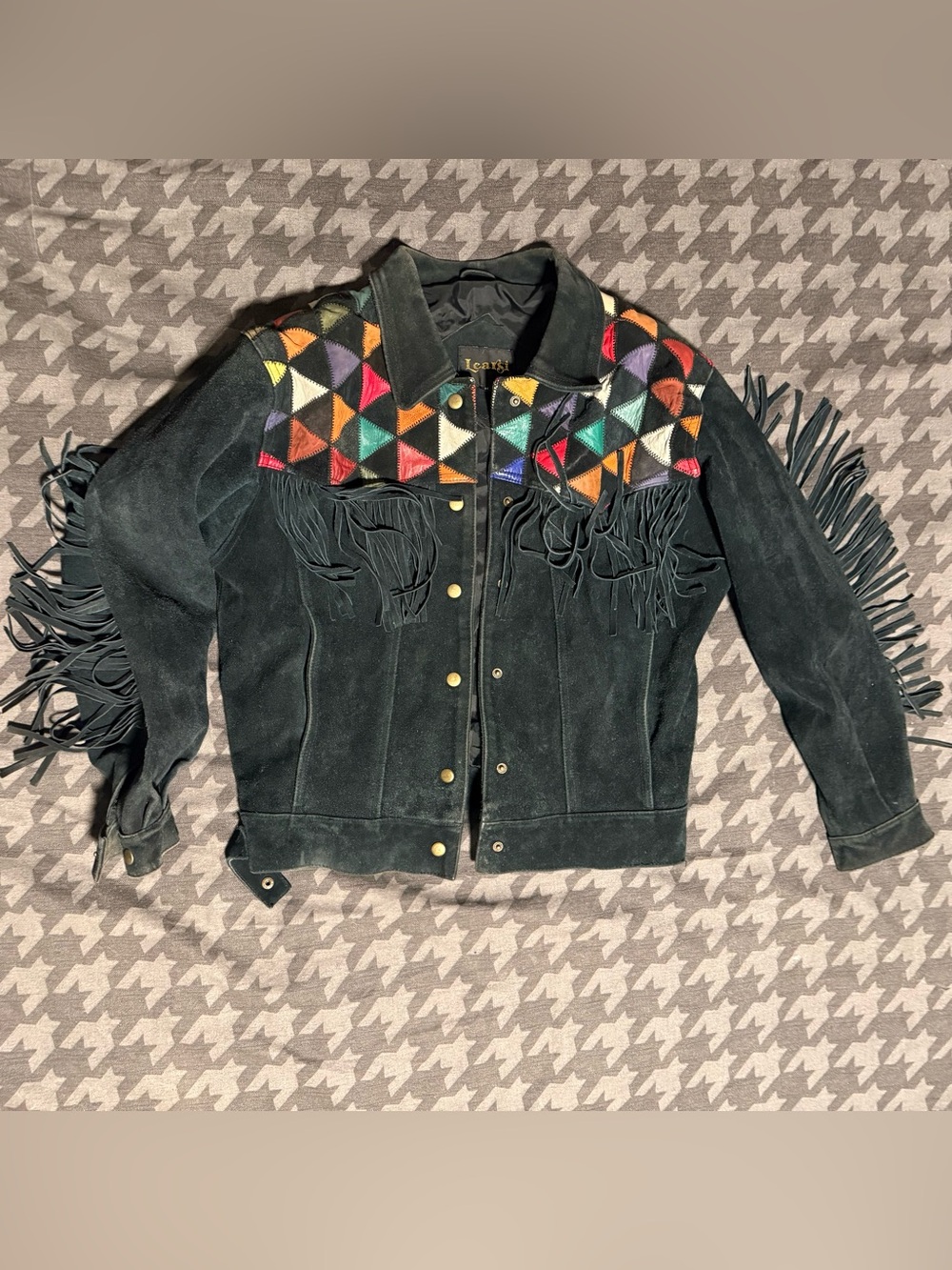 Vintage 90s Black Patchwork Leather Fringe Western Cropped Jacket southwestern - Picture 1 of 7